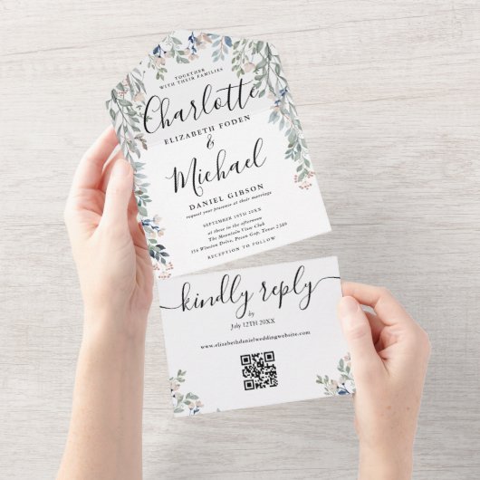 Florale Script Monogram QR Code Huwelijk All In One Uitnodiging (Afscheurbaar)
