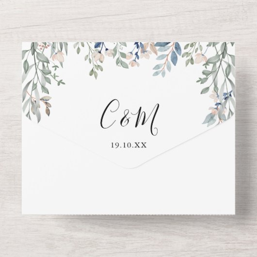 Florale Script Monogram QR Code Huwelijk All In One Uitnodiging (Achterkant)