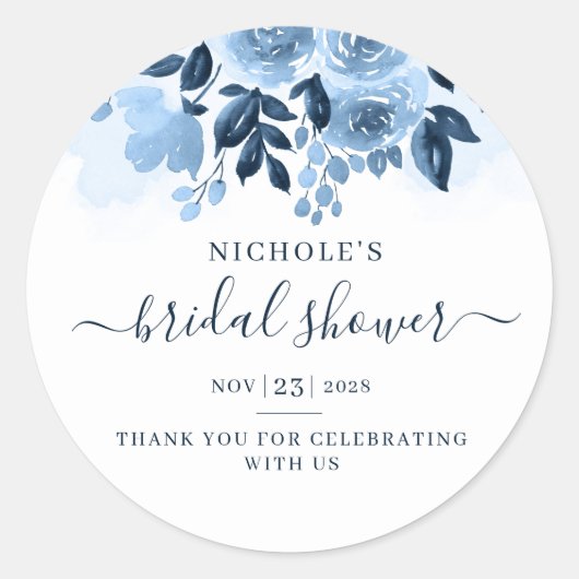 Florale Script Navy Blauwe Waterverf Bruiloftsborr Ronde Sticker (Voorkant)