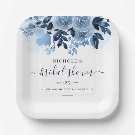Florale Script Navy Blauwe Waterverf Bruiloftsdouc Papieren Bordje (Voorkant)