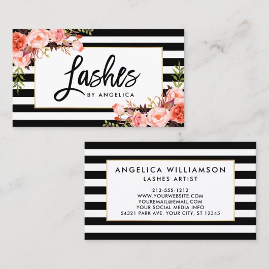 Florale streepjes met penseel Script-koraal gestre Visitekaartje (Voorkant / Achterkant)