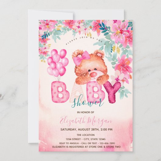 Florale Teddybeer Baby Shower Kaart (Voorkant)