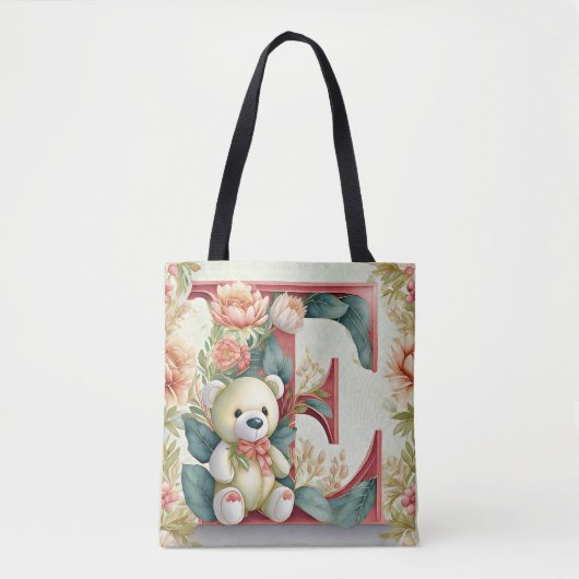 Florale teddybeer letter E Tote Bag (Voorkant)