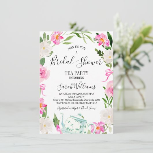 Florale theetheebridale Shower Uitnodiging (Staand voorkant)