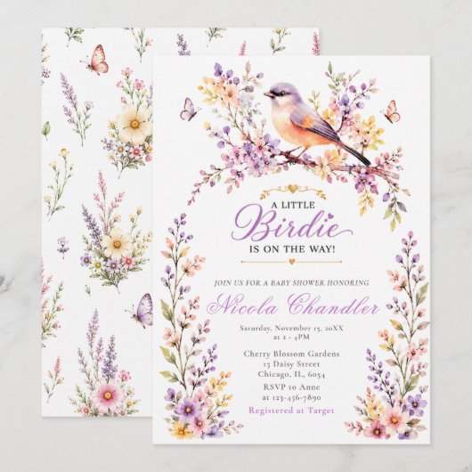Florale Vogeltje Baby Shower Kaart (Voorkant / Achterkant)
