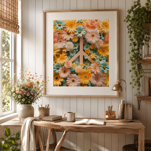 Florale Vredessymbool Kunstposter – Retro 60s Bloe Poster