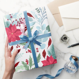 florale waterverf glitter red poinsettia cadeaupapier