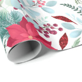  florale waterverf glitter red poinsettia cadeaupapier (Rol Hoek)