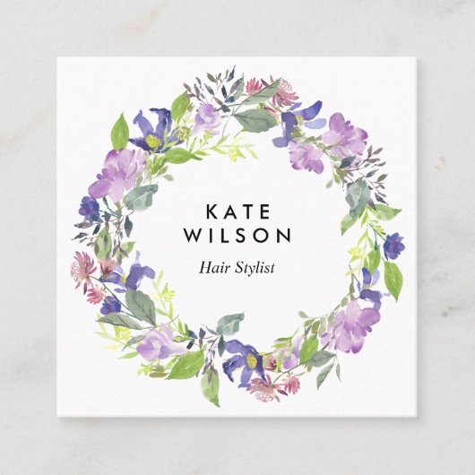 Florale Waterverf met Paarse blauwe ventilator Vierkante Visitekaartje (Voorkant)
