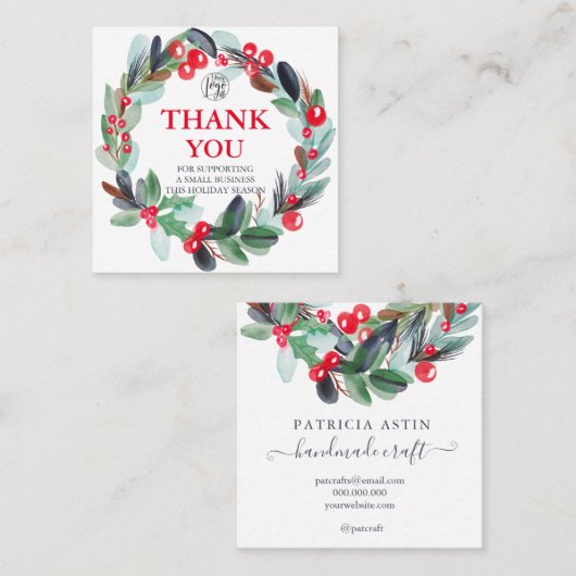 florale waterverf met roodrood blauw dank vierkante visitekaartje (Voorkant / Achterkant)