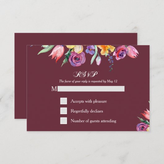 Florale Waterverf over Bourgogne RSVP en Menu (Voorkant / Achterkant)