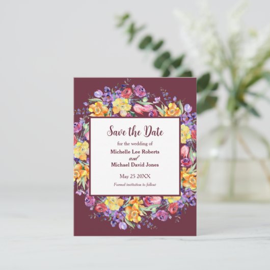 Florale Waterverf over Bourgogne Save the Date Aankondiging (Staand voorkant)