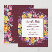 Florale Waterverf over Bourgogne Save the Date Aankondiging (Voorkant / Achterkant)