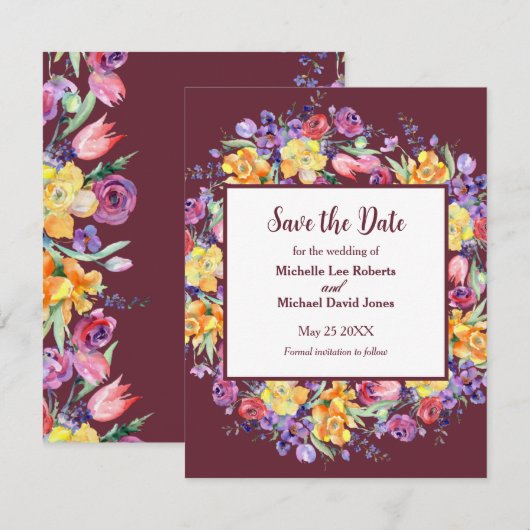 Florale Waterverf over Bourgogne Save the Date Aankondiging (Voorkant / Achterkant)
