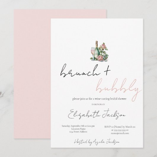 Florale wijnset brunch & bubbels bruidsdiner  kaart (Voorkant / Achterkant)