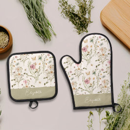 Florale Wilde Bloem Personalized Monogram Ovenwant & Pannenlap Set