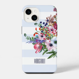 Florale wilde bloemen Bouquet Light Blue Stripes i iPhone 14 Hoesje