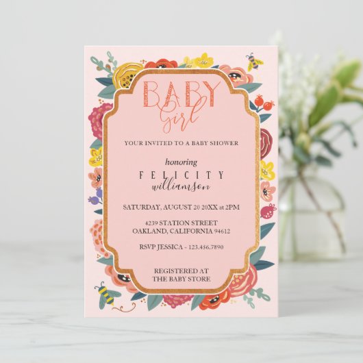 Florale wilde bloemen en babybijentjes kaart (Staand voorkant)