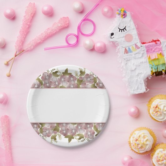 Florale woeste zomer roze bloemen groene lea papieren bordje (Feest)