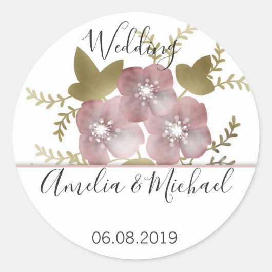 Florale woeste zomer roze bloemen groene lea ronde sticker (Voorkant)