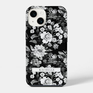 Florale Zwart en Wit Aquarel Gepersonaliseerd iPhone 14 Hoesje