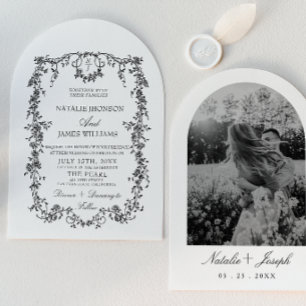Florale Zwart Witte Monogram Foto Gebogen Huwelijk Kaart