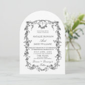 Florale Zwart Witte Monogram Foto Gebogen Huwelijk Kaart (Staand voorkant)