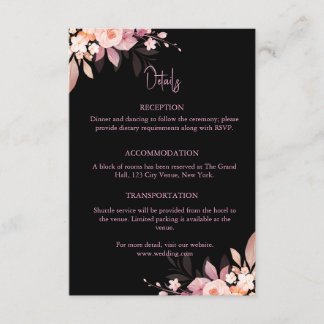 Florale Zwarte & Blush Roze Huwelijkskaart Informatiekaartje