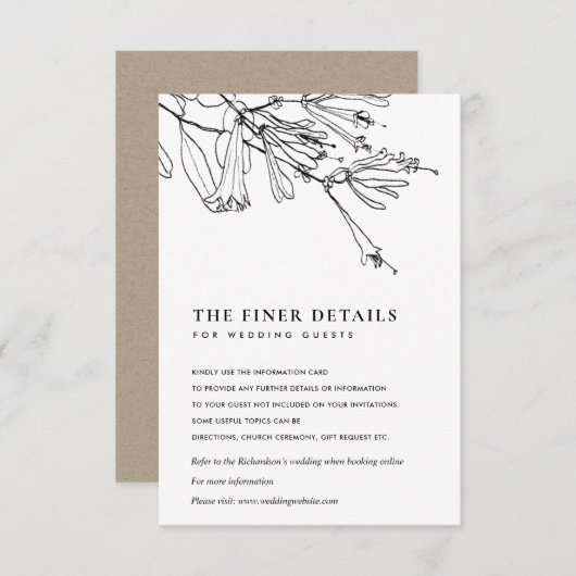 FLORALE ZWARTE EN WITTE LIJN DIE WEDDENDE DETAILS INFORMATIEKAARTJE (Voorkant / Achterkant)