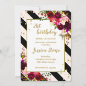 Florale zwarte en witte strepen 21e verjaardag kaart (Voorkant)