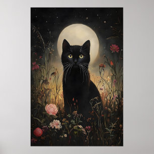Florale Zwarte Kat Maan Print, Bloem Kat In Veld Poster
