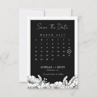 Florale Zwarte Witte Foto Monogram Huwelijk  Save The Date
