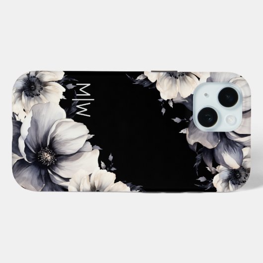 Florale Zwarte Witte Monogram Case-Mate iPhone Case (Achterkant (horizontaal))