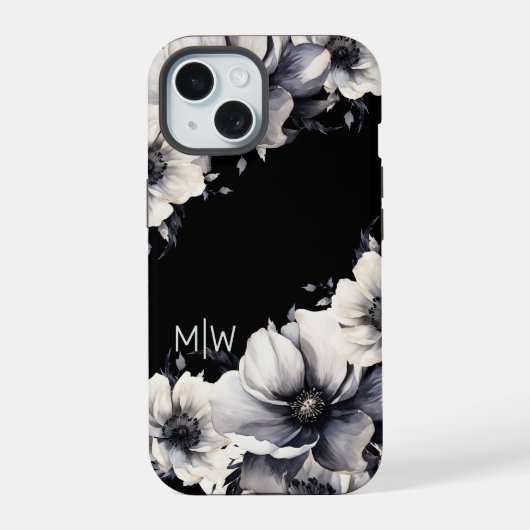 Florale Zwarte Witte Monogram iPhone 15 Case (Achterkant)