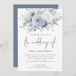 Florals 3 foto's QR Code Dusty Blue Wedding Kaart