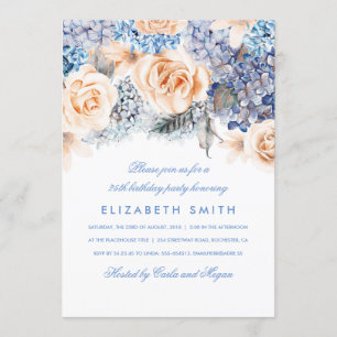 Florals Birthday Party Blue and Peach Waterverf Kaart