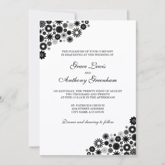  Florals Black Wedding Invitation Kaart (Voorkant)