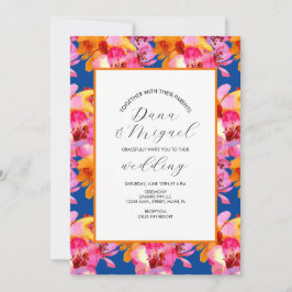 Florals Blue Oranje Waterverf Wedding Invitation Kaart