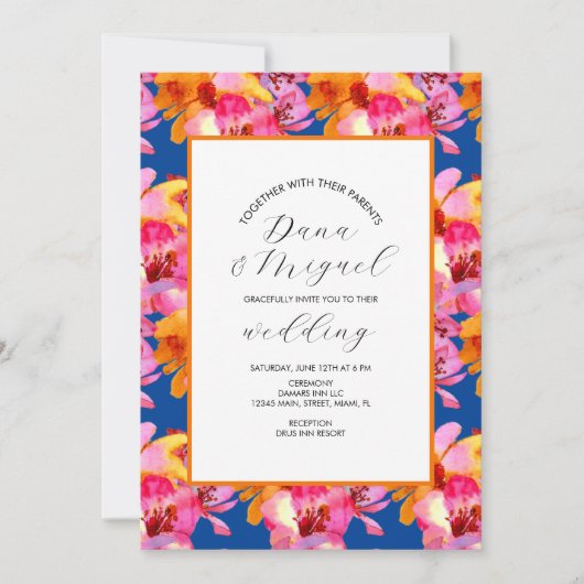 Florals Blue Oranje Waterverf Wedding Invitation Kaart (Voorkant)
