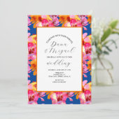 Florals Blue Oranje Waterverf Wedding Invitation Kaart (Staand voorkant)
