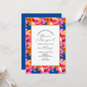 Florals Blue Oranje Waterverf Wedding Invitation Kaart (Voorkant / Achterkant in situ)