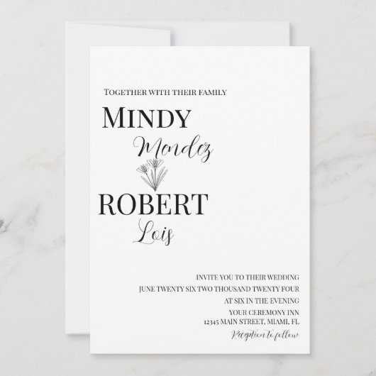Florals en Script Black White Wedding Invitation Kaart (Voorkant)