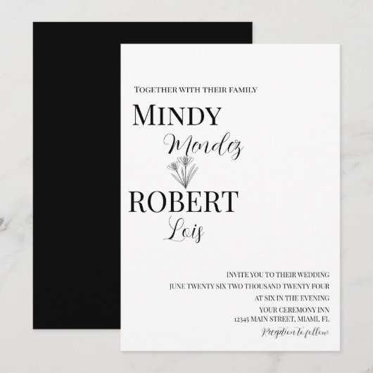Florals en Script Black White Wedding Invitation Kaart (Voorkant / Achterkant)