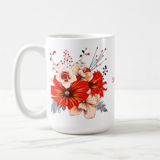 Florals Foliage Red Cream Name Koffiemok (Links)
