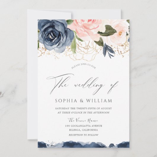 Florals Gold Leaf Wedding Navy & Blush Waterverf Kaart (Voorkant)