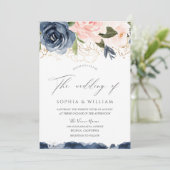 Florals Gold Leaf Wedding Navy & Blush Waterverf Kaart (Staand voorkant)