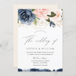 Florals Gold Leaf Wedding Navy & Blush Waterverf Kaart