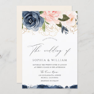 Florals Gold Leaf Wedding Navy & Blush Waterverf Kaart