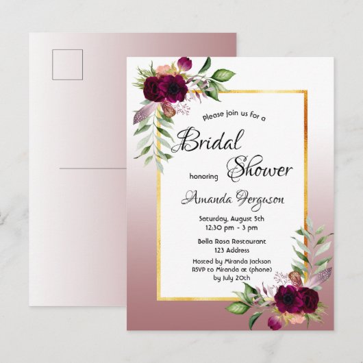 Florals kaneel roos bruin doucheuitnodiging briefkaart (Voorkant / Achterkant)