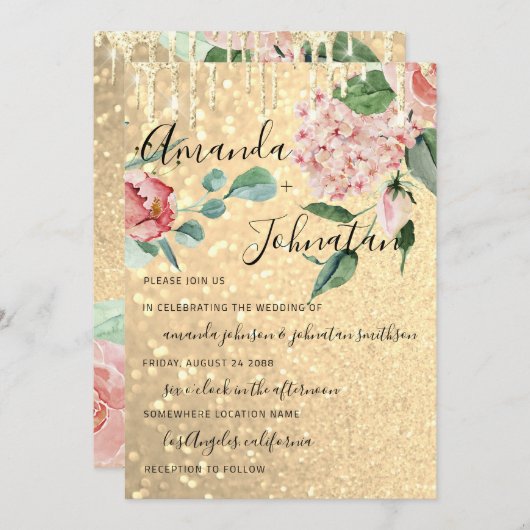 Florals Mint Glitter Gold voor bruiloft Monogram Kaart (Voorkant / Achterkant)